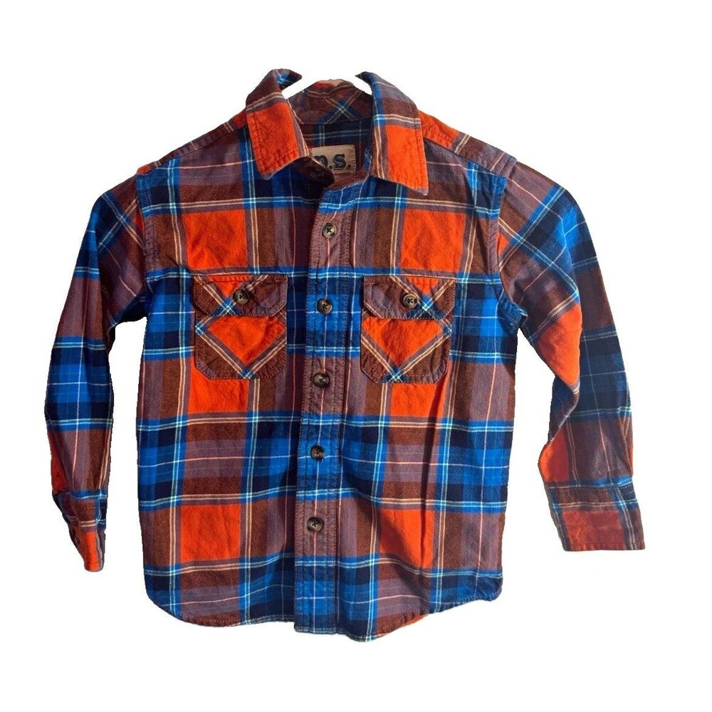 p.s. from aeropostale Boys Sz 4 Orange Blue Plaid Collared Long Sleeve Button Up